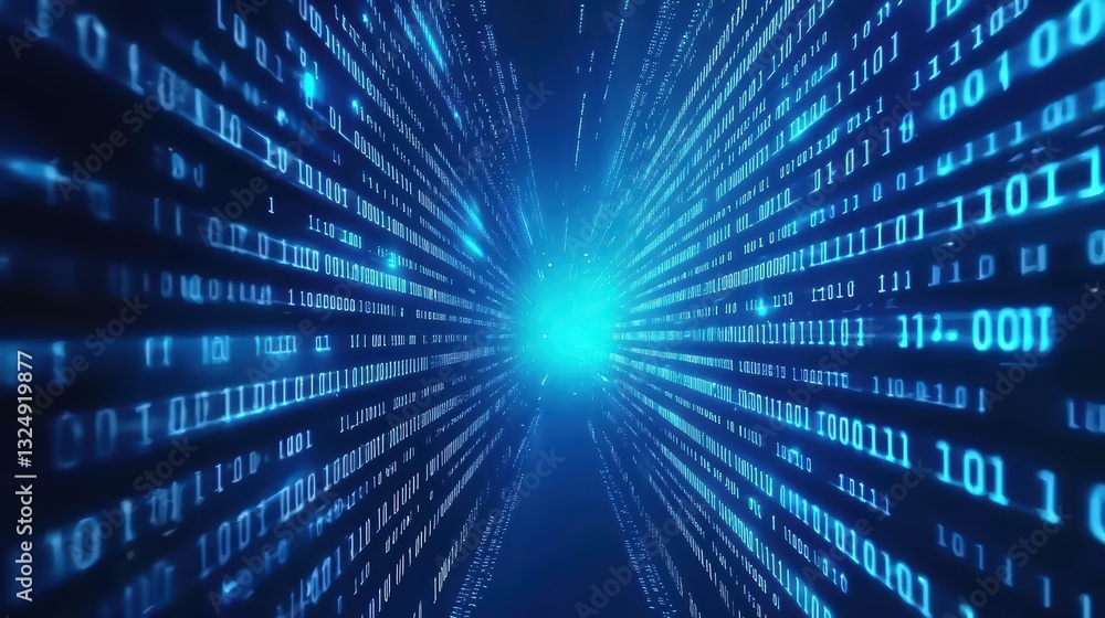 Poster futuristic digital data concept with binary code cascading in a blue environment