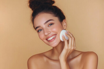 Beautiful young woman with cotton pad removing makeup. Skin care. Studio portrait of girl cleaning her face with cotton pad, isolated beige background. Face toner and cotton pad. 