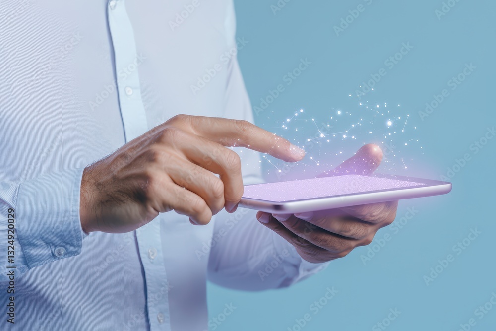 Poster digital tax processing concept featuring hand interacting with modern tablet device in 3d render