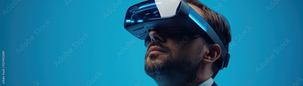 Poster businessperson exploring digital transformation concepts with virtual reality technology