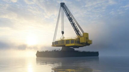 Obraz premium Heavy-duty crane barge floating on water, lifting a massive steel structure at a port.