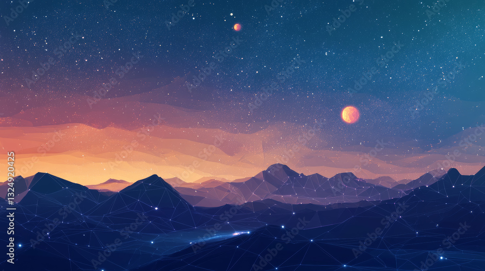 Poster abstract image of a video codec low poly in the form of a starry sky or space, consisting of points,