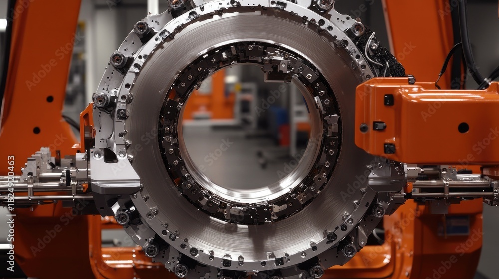 Poster high-speed production line assembling transmission systems with precision robotics.