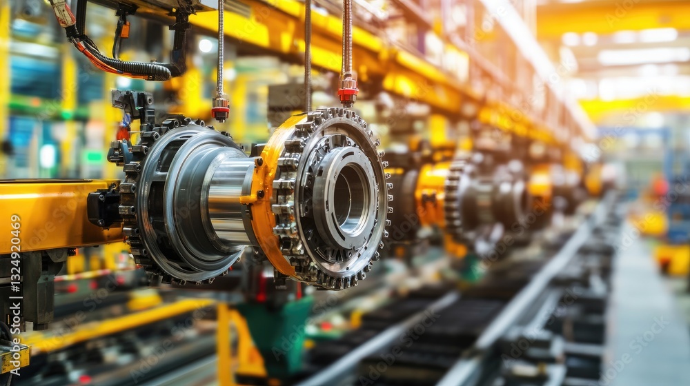 Poster high-speed production line assembling transmission systems with precision robotics.