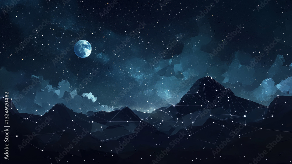 Poster abstract image of a video codec low poly in the form of a starry sky or space, consisting of points,