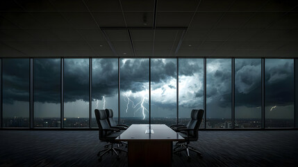 Dark Office Interior With Dramatic Stormy Sky And Lightning Over Cityscape Viewed Through Large Windows