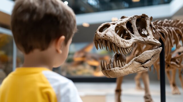 A child curiously examines a dinosaur skeleton in a museum, embodying the wonder and intrigue of learning and exploration.