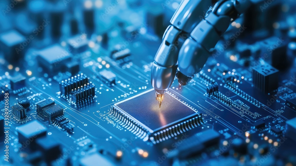 Poster high-speed robotic soldering system connecting microchips in a next-gen electronics factory.