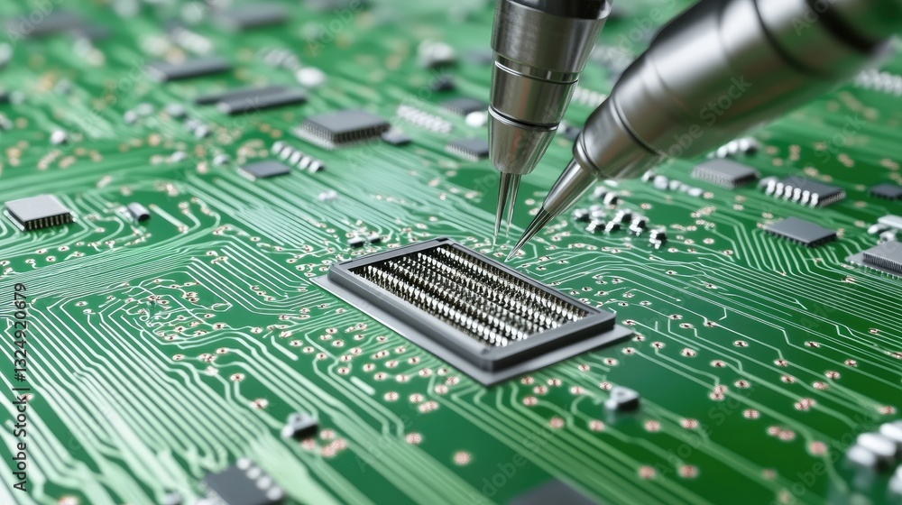 Poster high-speed robotic soldering system connecting microchips in a next-gen electronics factory.