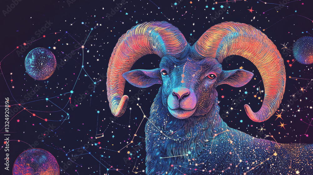Poster abstract image of a ram in the form of a starry sky or space, consisting of points, lines, and shape
