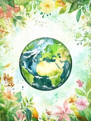Watercolor Earth Surrounded by Lush Foliage  
