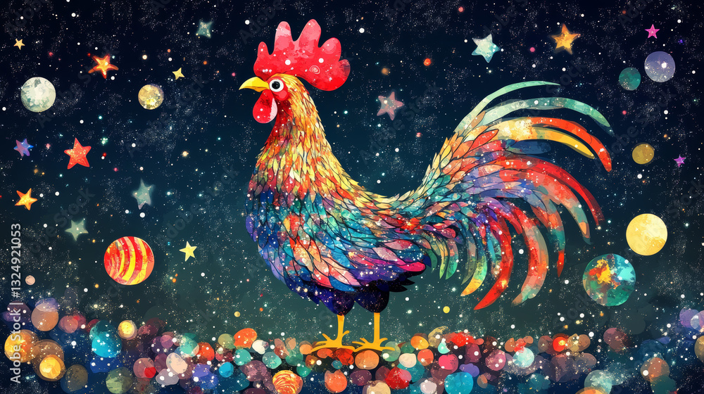 Poster abstract image of a new year rooster in the form of a starry sky or space, consisting of points, lin