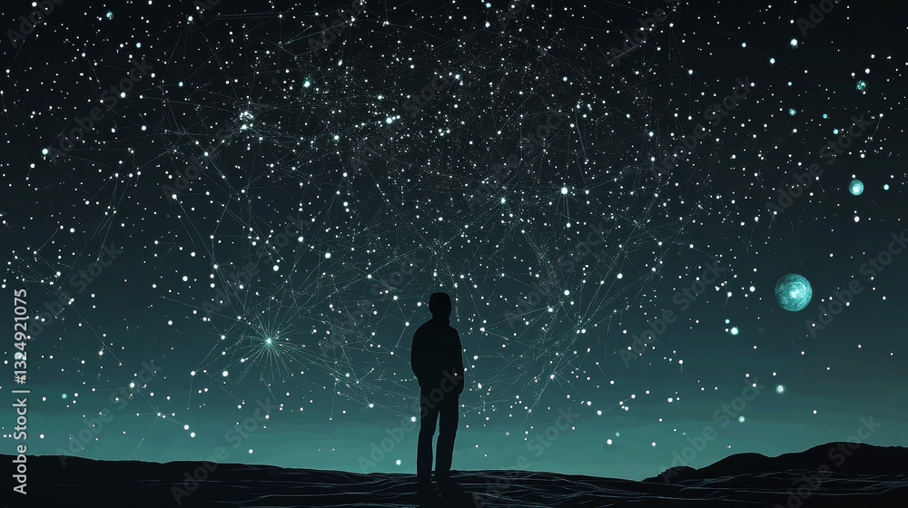 Poster abstract image of a astronavt in the form of a starry sky or space, consisting of points, lines, and
