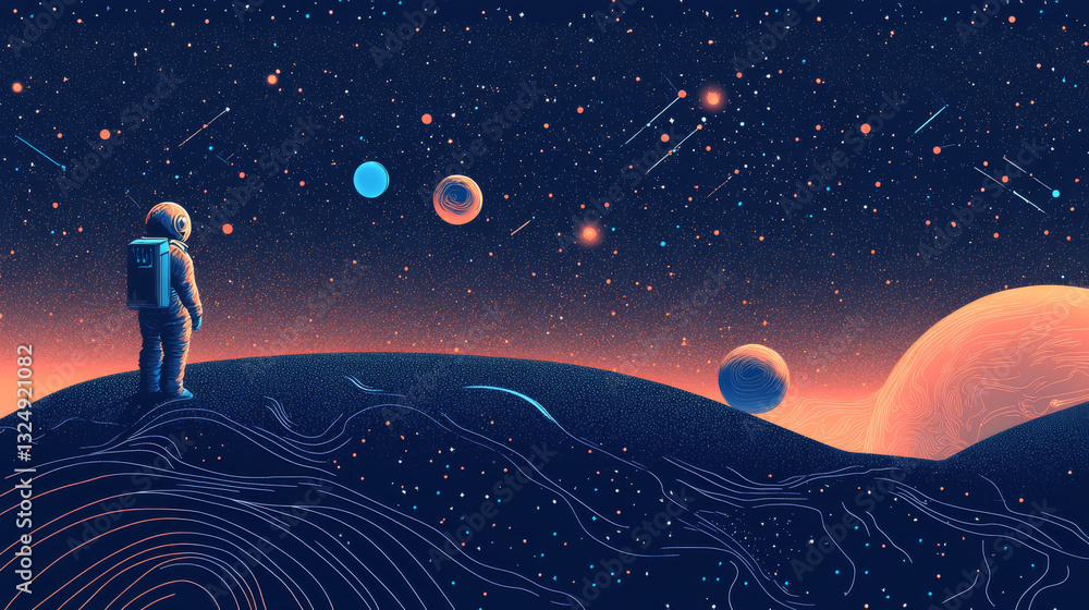 Poster abstract image of a astronavt in the form of a starry sky or space, consisting of points, lines, and