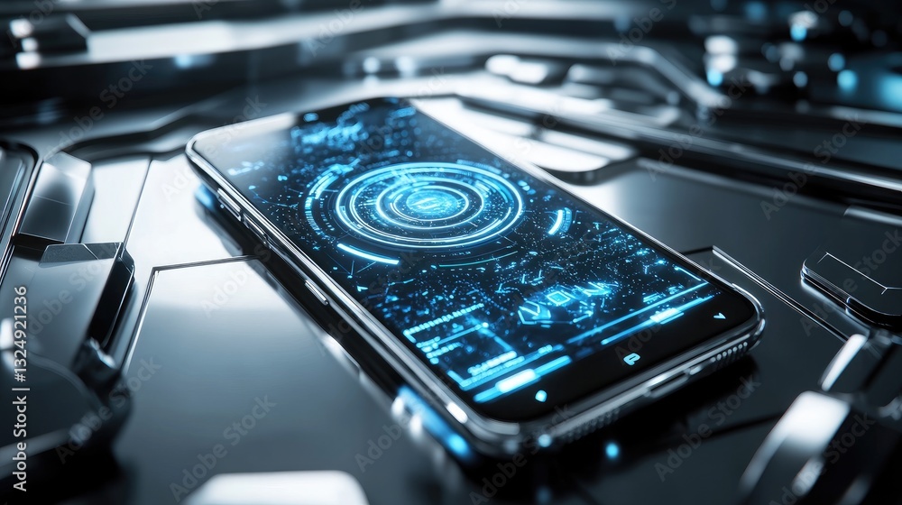 Aufkleber high-tech smartphone displaying futuristic ui, placed on a metallic surface.