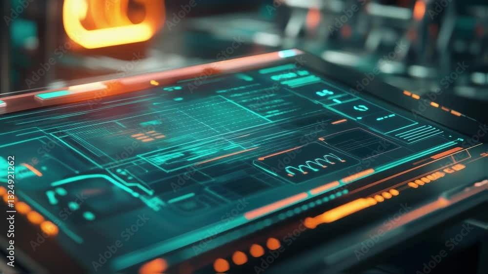 Poster futuristic control panel featuring complex data visualizations and performance metrics, highlighting