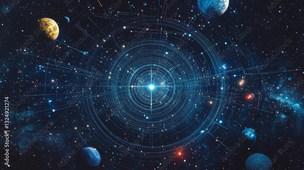 Poster abstract image of aim in the form of a starry sky or space, consisting of points, lines, and shapes 