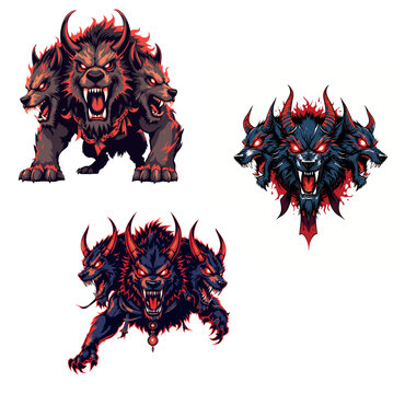 Vsai three headed hellhound cerberus guarding the gates of underworld roaring fiercely