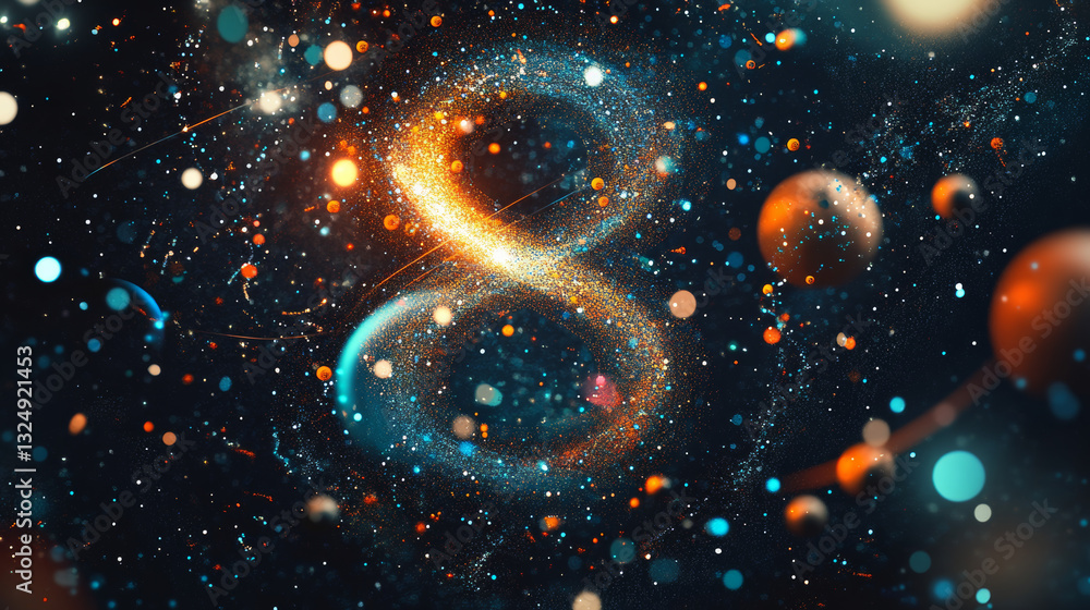 Poster abstract image of a number eight in the form of a starry sky or space, consisting of points, lines, 