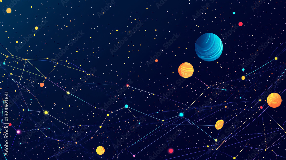 Poster abstract image of a target in the form of a starry sky or space, consisting of points, lines, and sh