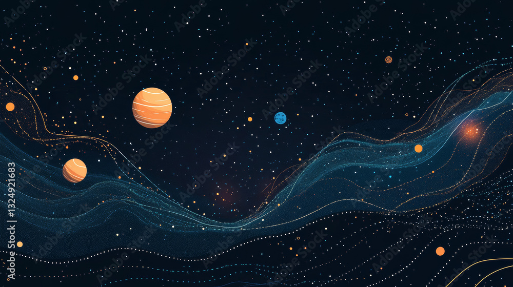 Poster abstract image of a target in the form of a starry sky or space, consisting of points, lines, and sh