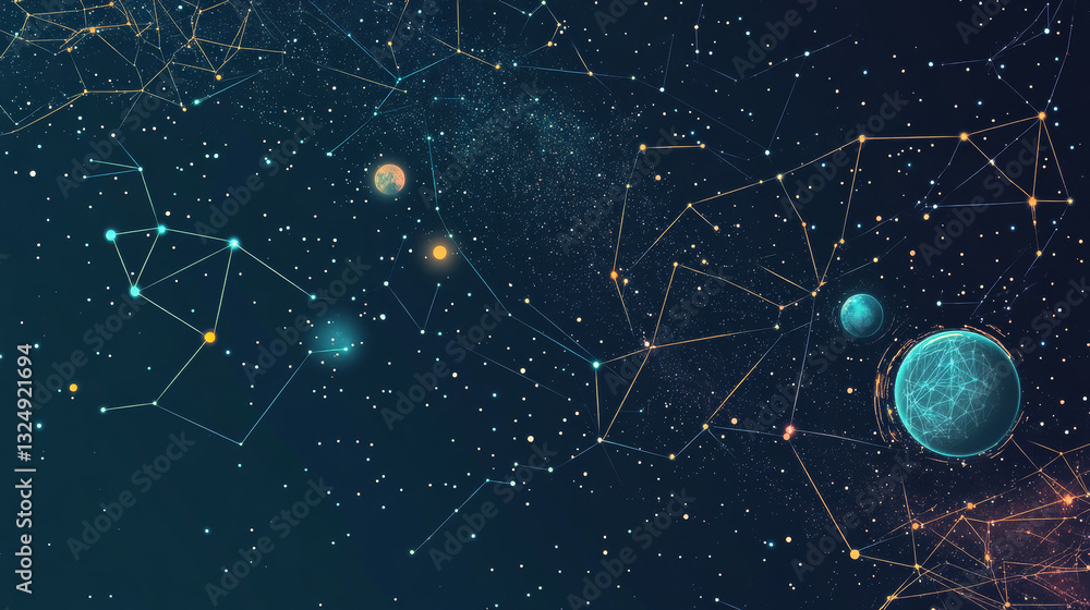 Poster abstract image of a target in the form of a starry sky or space, consisting of points, lines, and sh