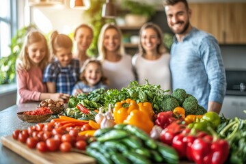 A smiling family surrounded by a colorful array of fresh vegetables in their bright kitchen, promoting healthy eating habits and a vibrant, joyful lifestyle.