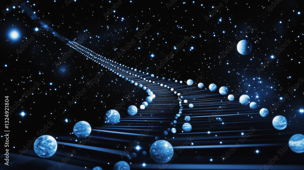 Poster abstract image of a domino effect in the form of a starry sky or space, consisting of points, lines,