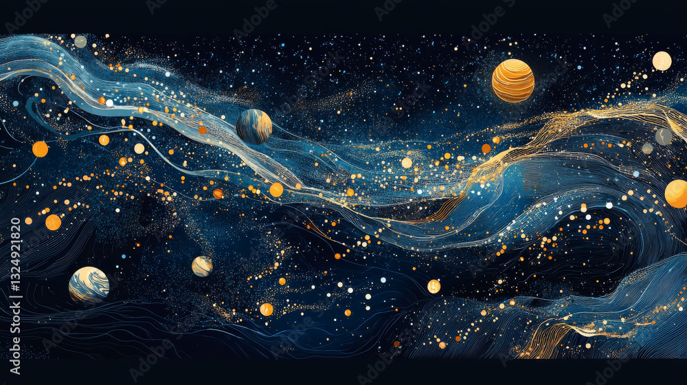 Poster abstract image of a domino effect in the form of a starry sky or space, consisting of points, lines,