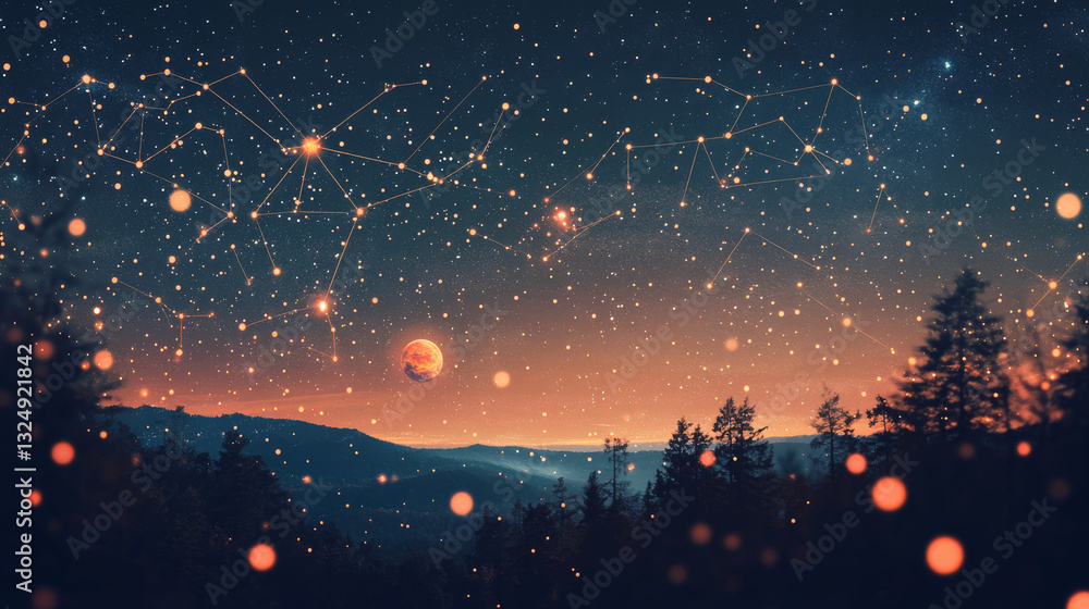 Poster abstract image of a domino in the form of a starry sky or space, consisting of points, lines, and sh