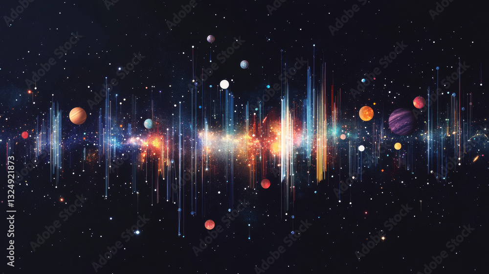 Poster abstract image of a domino in the form of a starry sky or space, consisting of points, lines, and sh