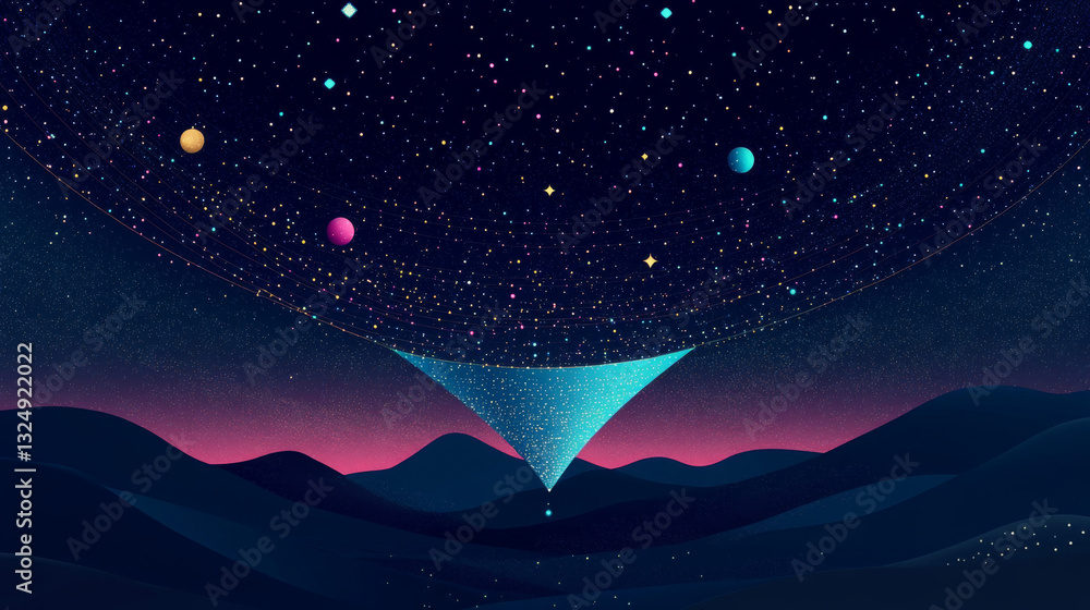 Poster abstract image of a funnel in the form of a starry sky or space, consisting of points, lines, and sh
