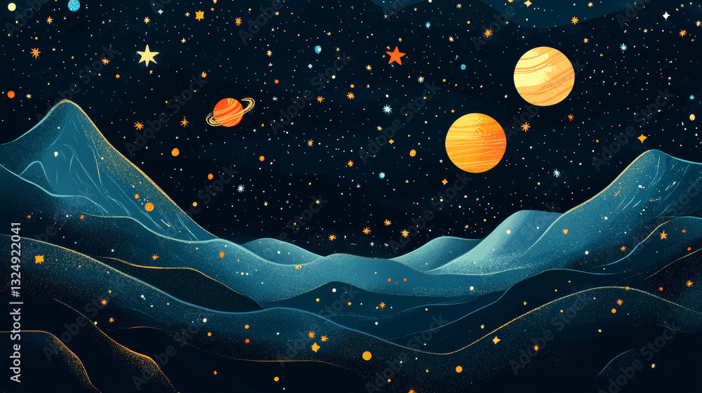 Poster abstract image of a gift in the form of a starry sky or space, consisting of points, lines, and shap