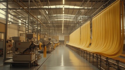 Obraz premium Industrial pasta production line extruding long strands of spaghetti onto drying racks.