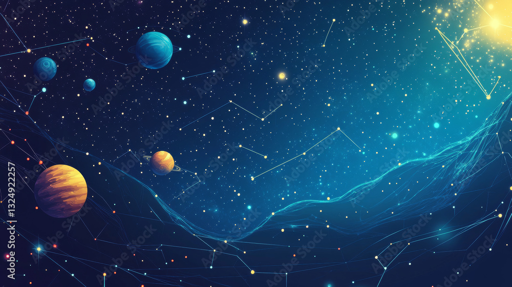 Poster abstract image of a pin in the form of a starry sky or space, consisting of points, lines, and shape