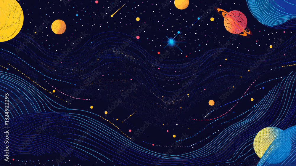 Poster abstract image of a pin in the form of a starry sky or space, consisting of points, lines, and shape