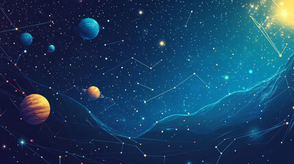 Naklejka premium Abstract image of a pin in the form of a starry sky or space, consisting of points, lines, and shapes in the form of planets, stars and the universe. Vector wireframe concept.