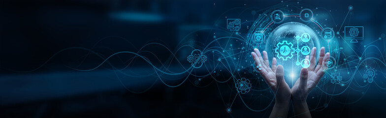 ERP. Hand man holding of global ERP network connection, enterprise resource planning system integration business process management data analytics, cloud-based solutions, and real-time collaboration.