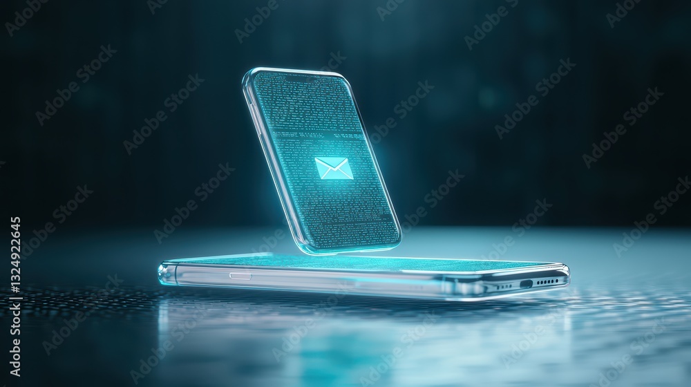 Poster transparent communication concept with floating smartphone and email icon in futuristic design
