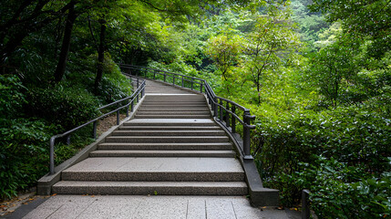 Stone Staircase Leading Upward Through Lush Green Forest On A Cloudy Day Under Overcast Sky