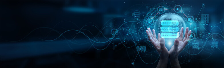 Hand man holding of global hosting network connection, secure data storage, cloud server infrastructure, domain management services, high-speed bandwidth, reliable uptime, scalable hosting solutions.