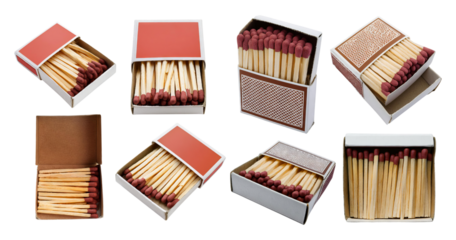 Assorted Boxes of Matches with Striking Surfaces and Wooden Sticks, isolated on transparent background