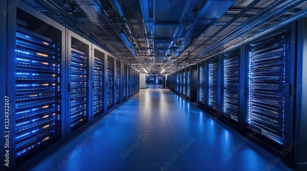 Poster interior of a high-tech data center, featuring rows of illuminated server racks and intricate coolin