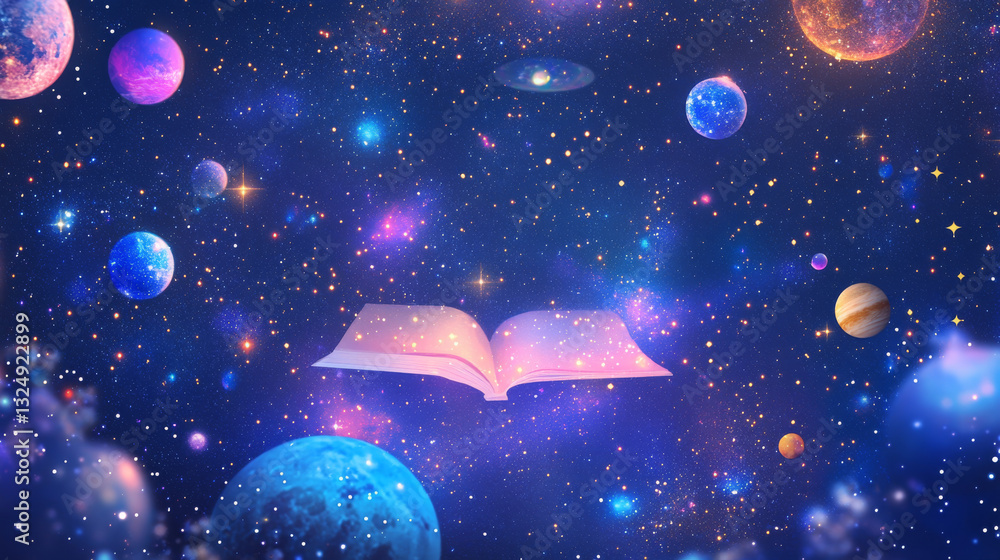 Poster abstract image of a open book in the form of a starry sky or space, consisting of points, lines, and