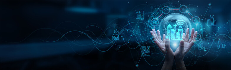 Hand man holding of global smart network connection, urban development technology innovation sustainability, data analytics IoT integration efficient infrastructure.