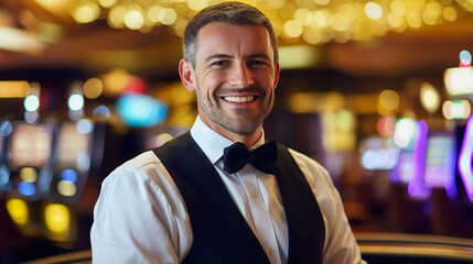 Smiling male casino employee in a formal vest and bow tie standing in front of slot machines.