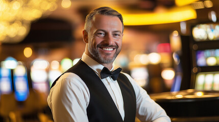 Smiling male casino employee in a formal vest and bow tie standing in front of slot machines.
