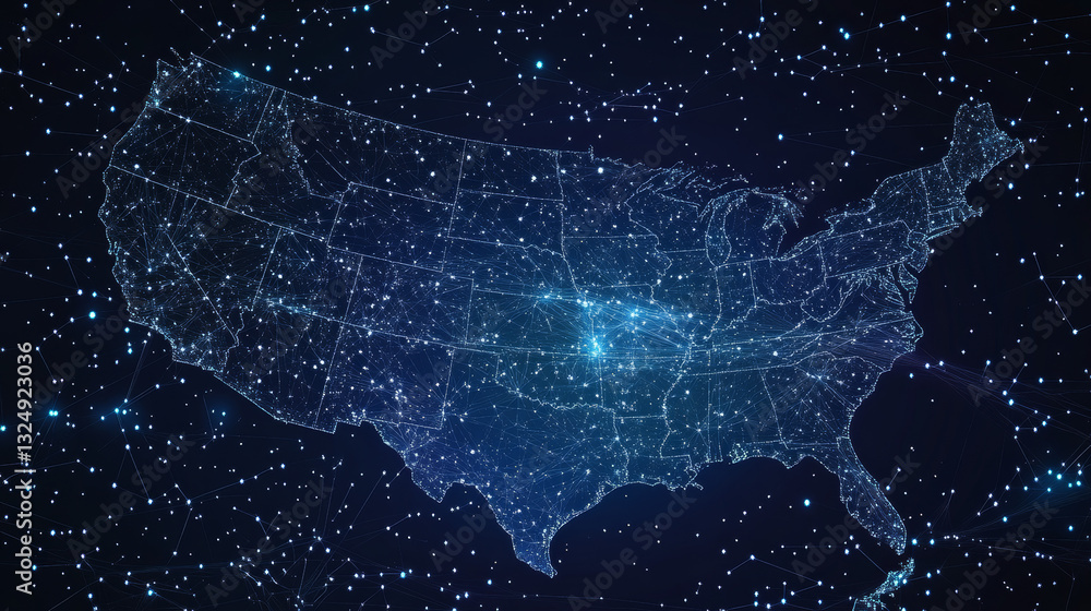 Poster abstract image of a usa map in the form of a starry sky or space, consisting of points, lines, and s