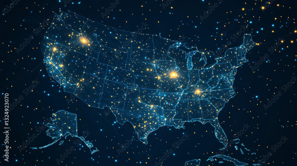 Poster abstract image of a usa map in the form of a starry sky or space, consisting of points, lines, and s