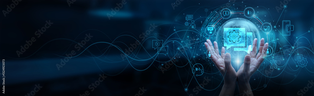 Poster it consulting. hand of man holding a global network connection, showcasing advanced technology solut